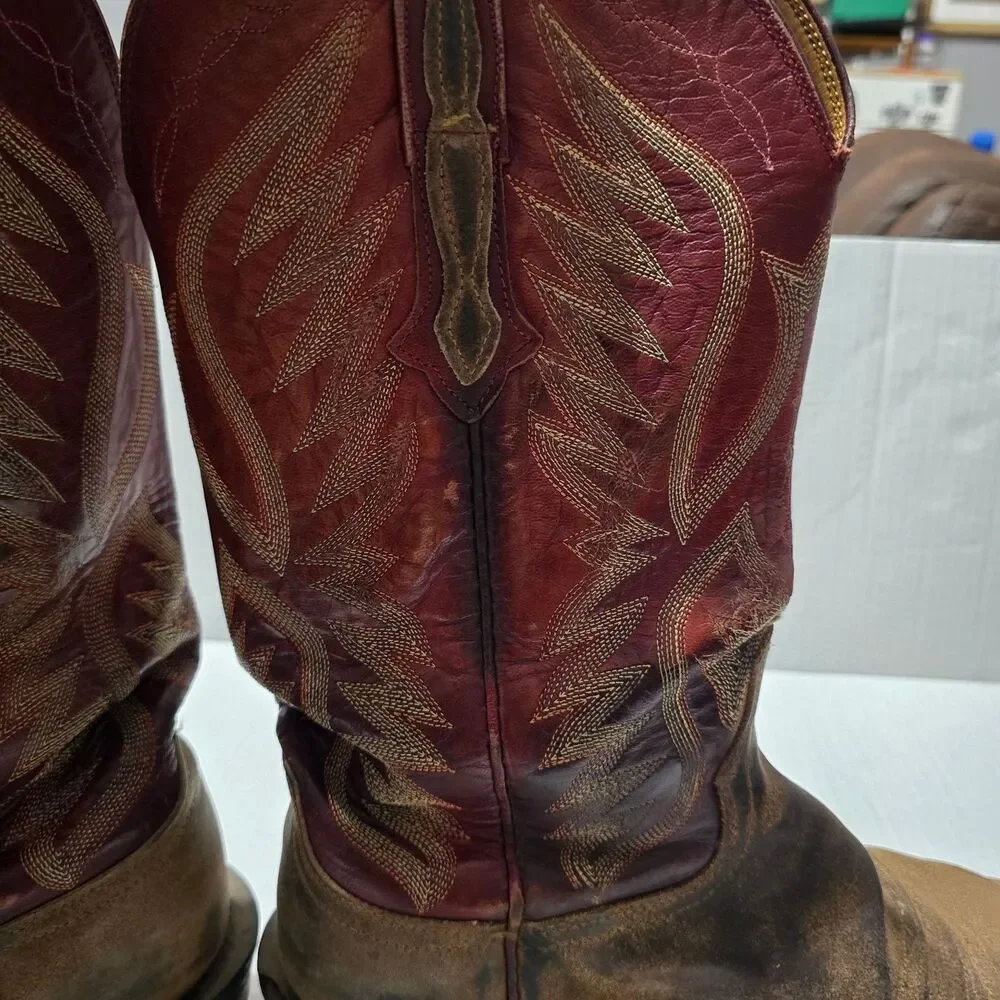 Lucchese Boots Men's 8.5 Brown Red Western Cowboy Square Toe CZ35037